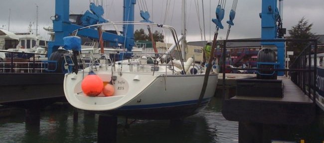 Jeanneaau 40, one of out training yachts being taken out out the water