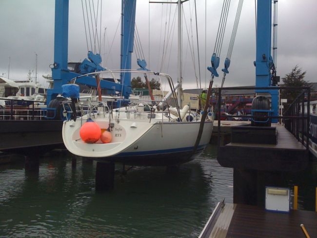 Jeanneaau 40, one of out training yachts being taken out out the water