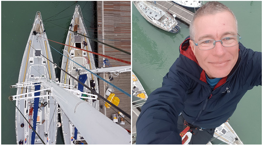 Skipper Ricky Chalmers up the mast in Portsmouth harbour