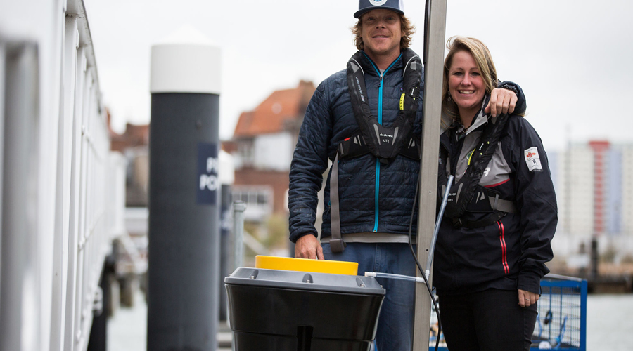 Seabin Co-Founder, Pete Ceglinski & Land Rover BAR Sustainability Manager, Amy Munro (c) Harry KH / Land Rover BAR