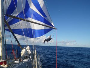 Raising the spinnaker on Challenger 2 ARC 2019 Rally