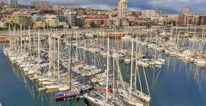 View of the port of Palma Gran Canaria of sailing boats in the harbour at sunset ahead of the ARC 2019 race