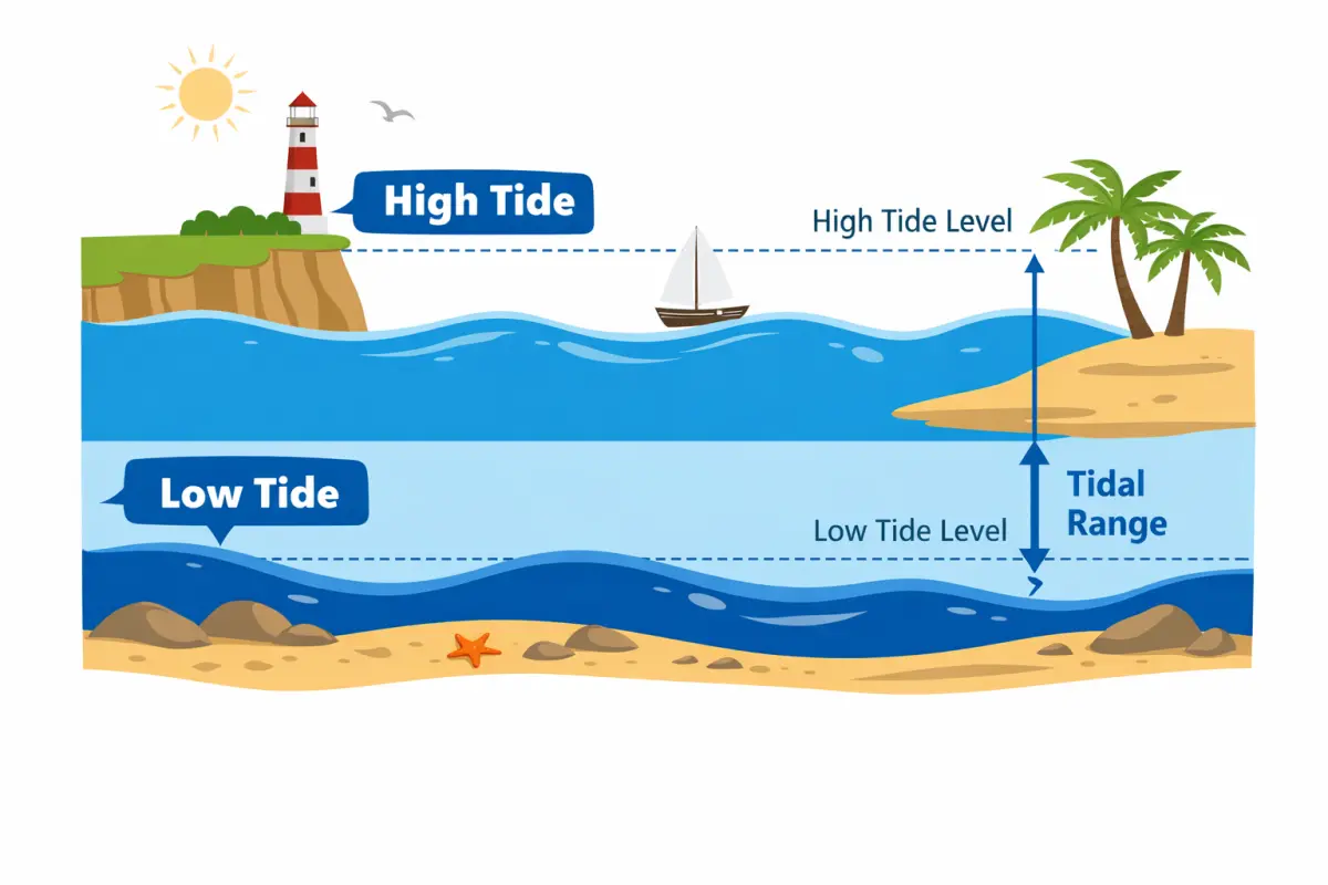 Diagram showing tidal range between high tide and low tide in tidal waters