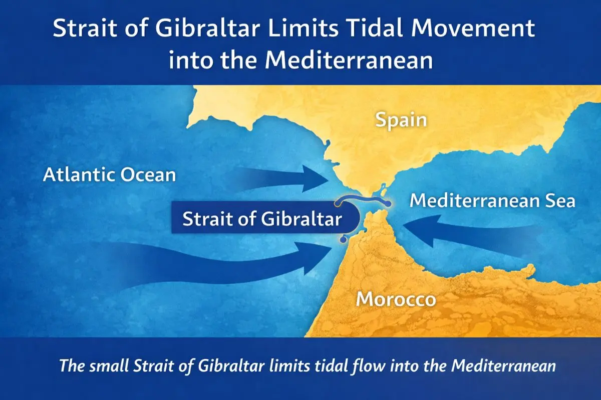 Map showing how the Strait of Gibraltar limits tidal movement into the Mediterranean