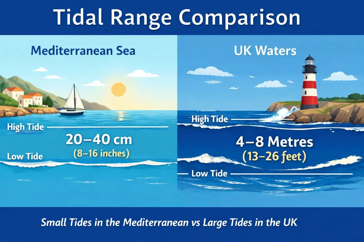 Comparison of tidal range between the Mediterranean Sea and UK waters