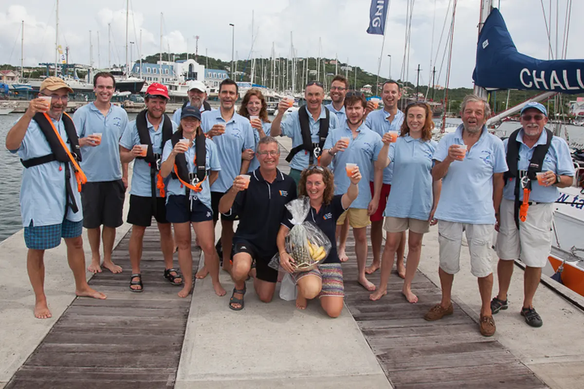 Celebratory drink on the dock upon arrival in Rodney Bay, St Lucia after crossing the Atlantic Ocean in the ARC