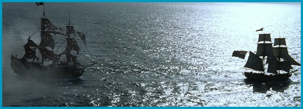 Real Black Pearl ship Sunset used in Pirates of the Caribbean under full sail giving chase