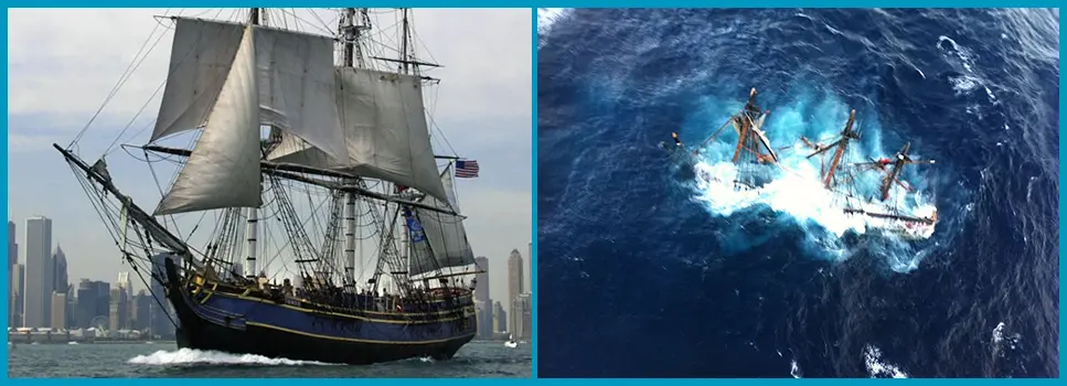 HMS Bounty replica ship used in Pirates of the Caribbean sailing at sea and wreckage