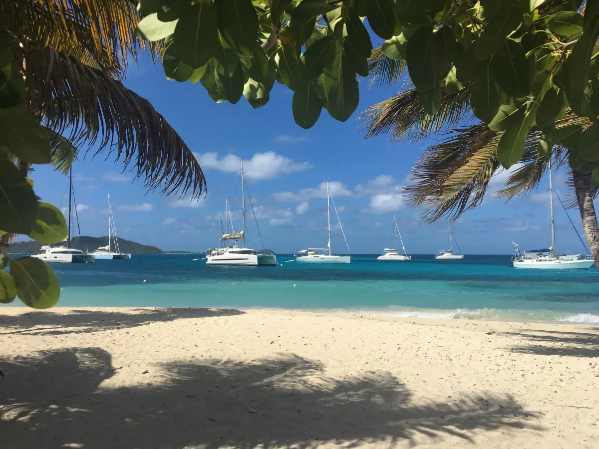 Sailing yachts anchored off a Caribbean Island in sunshine Sailing yachts anchored off a Caribbean Island in sunshine