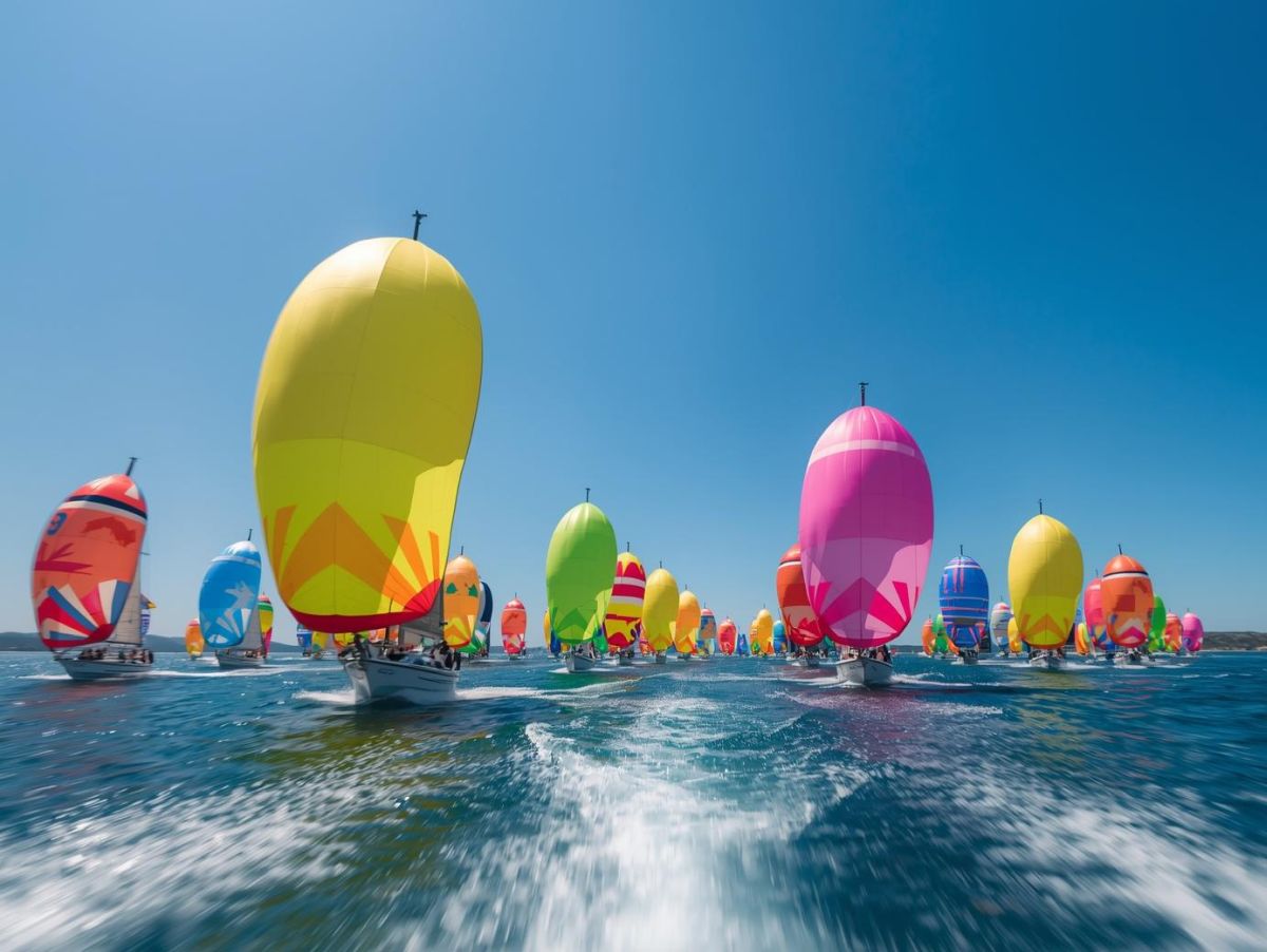 lots of sailing boats coming at the camera with easter egg type spinnaker sails flying Easter sailing courses UK in the Solent April 2026