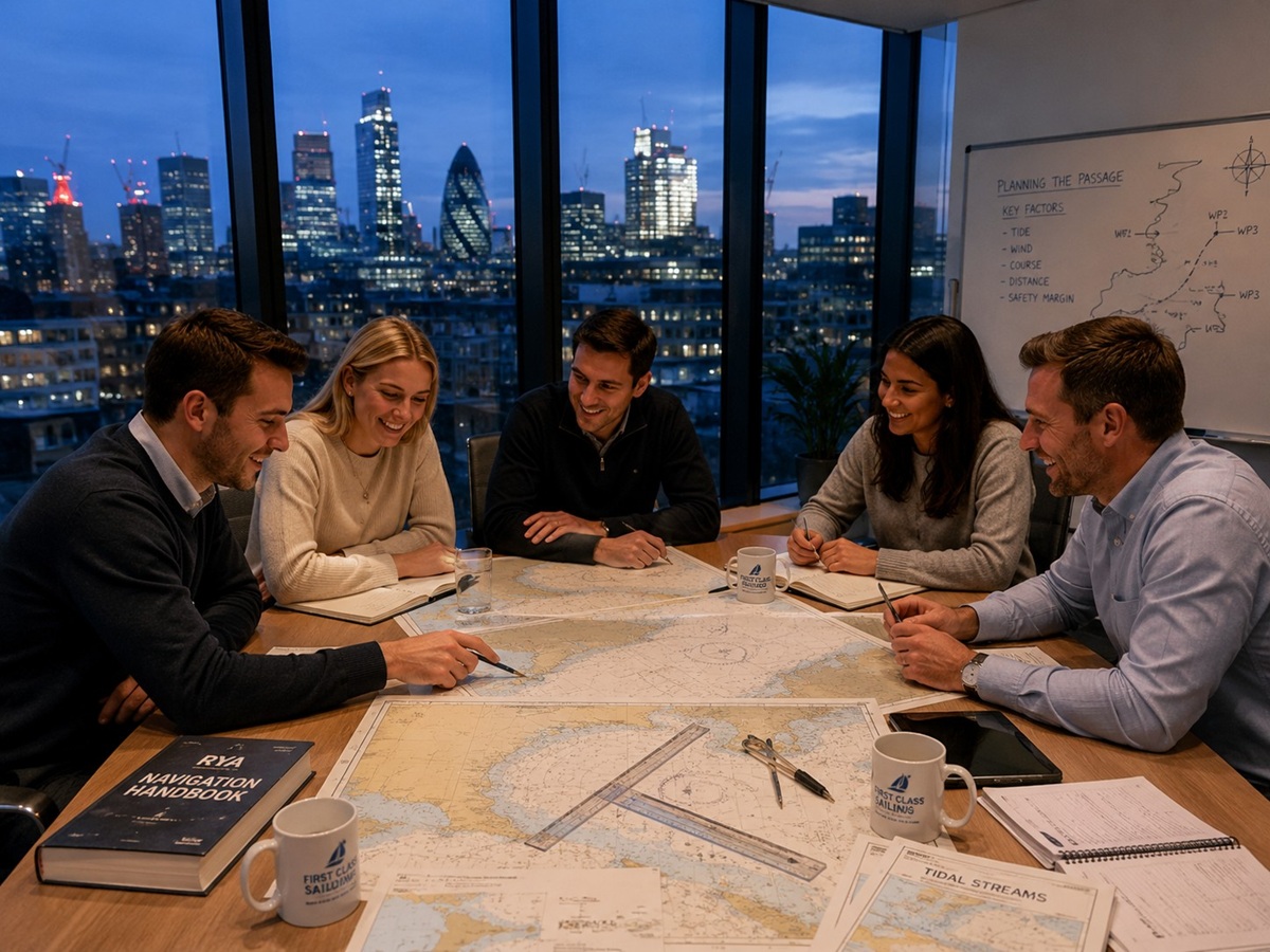Professionals attending an office-based RYA navigation course in a London boardroom