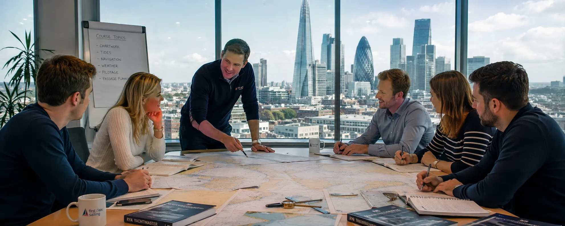 Professionals attending an RYA navigation course in a London office